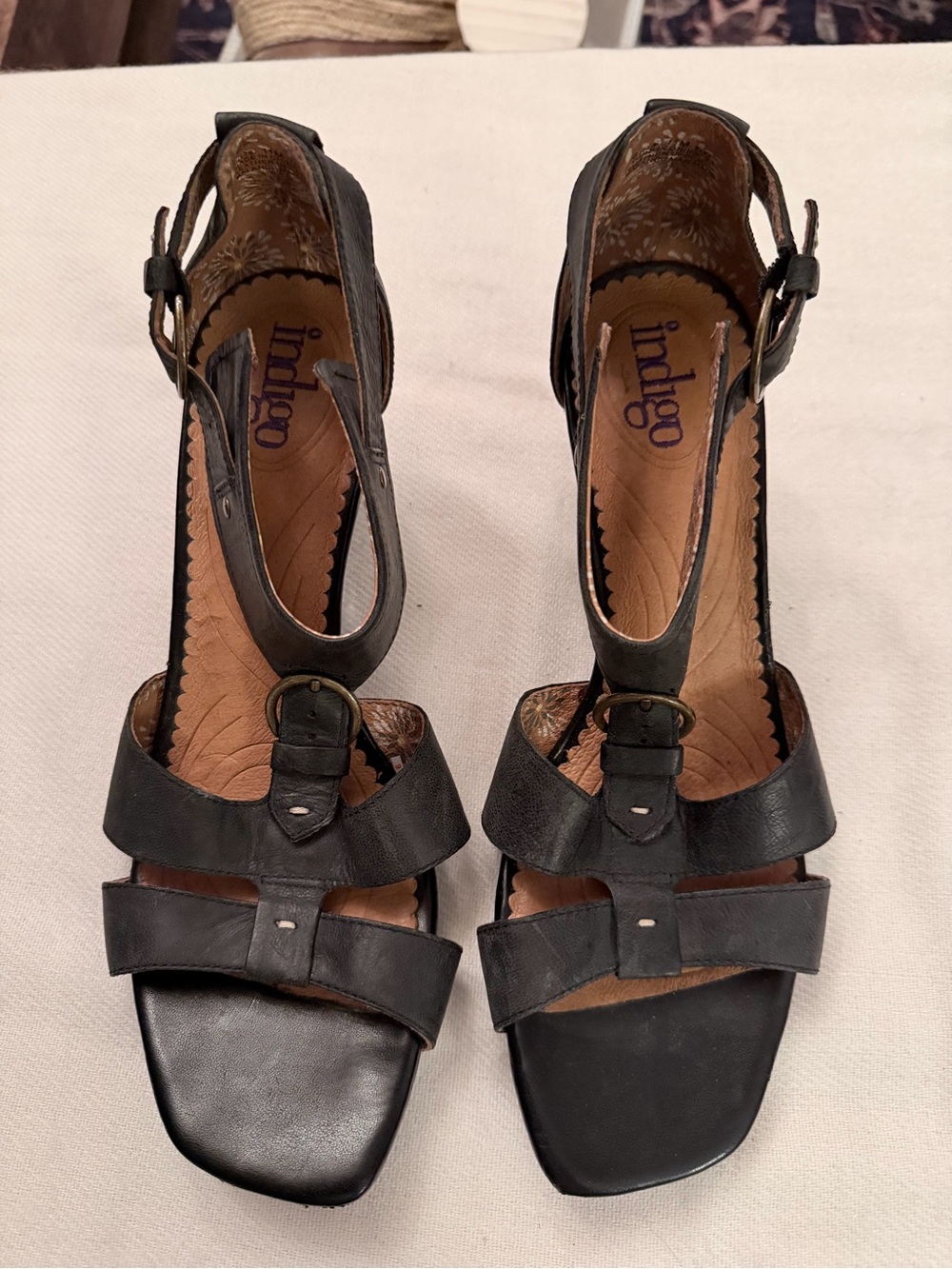 Indigo Black Leather Finch T-Strap Heeled Sandals